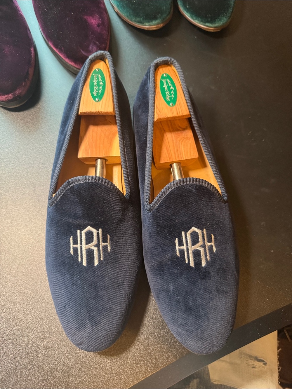 Del Toro Navy Velvet Monogram Loafers with White Embroidery (HRH)